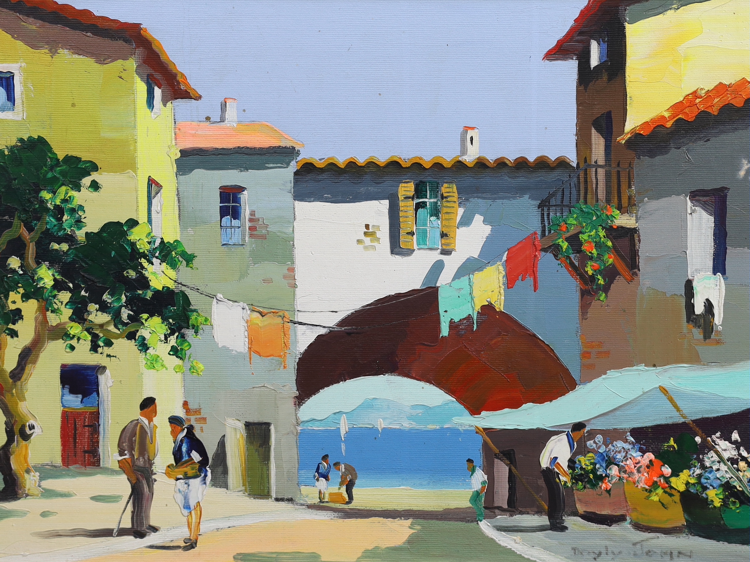 Cecil Rochfort D'Oyly John (English, 1906-1993), 'Mediterranean flower market', oil on board, 29 x 39cm